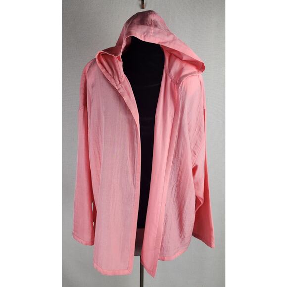 Eileen Fisher Womens XL Pink/Salmon Silk Cardigan shoulder pads Hood Athleisure - Picture 1 of 12